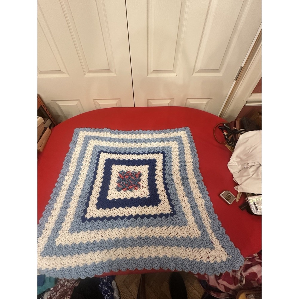 Crocheted Lap Blanket Blue And White Medium